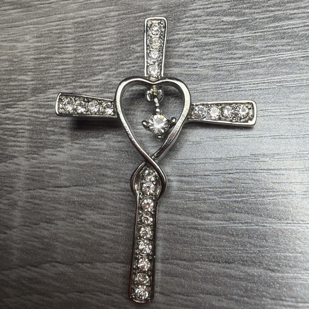 925 Sterling Silver & CZ 1.75" Heart Cross Pendant 4.8